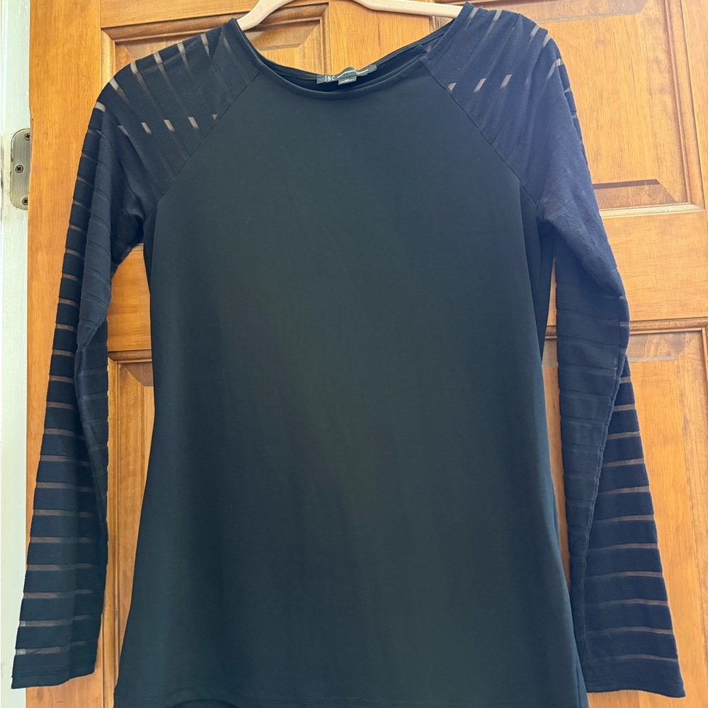 INC International Concepts Black Top with Sheer Striped Sleeves